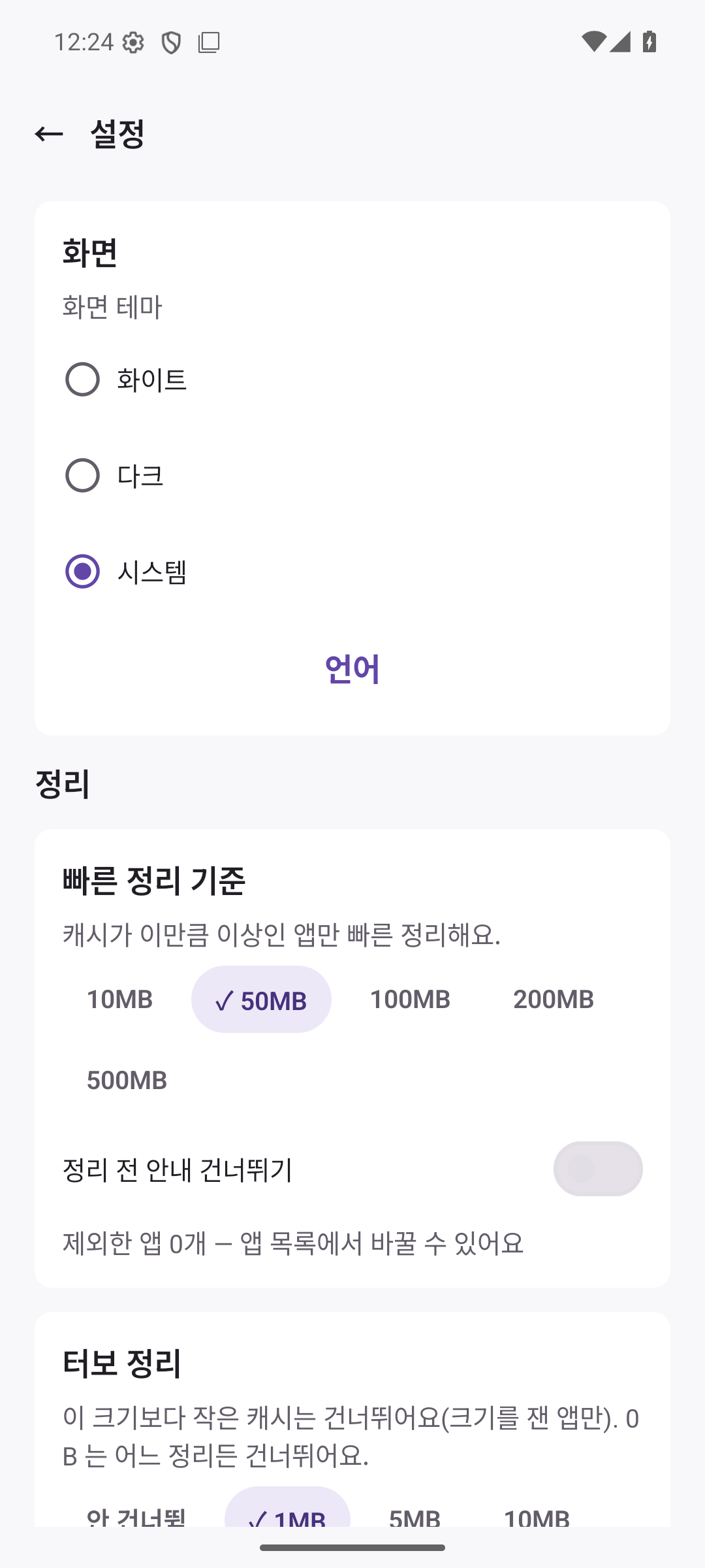 설정 화면. 화이트, 다크, 시스템과 빠른 정리 기준, 터보 정리.
