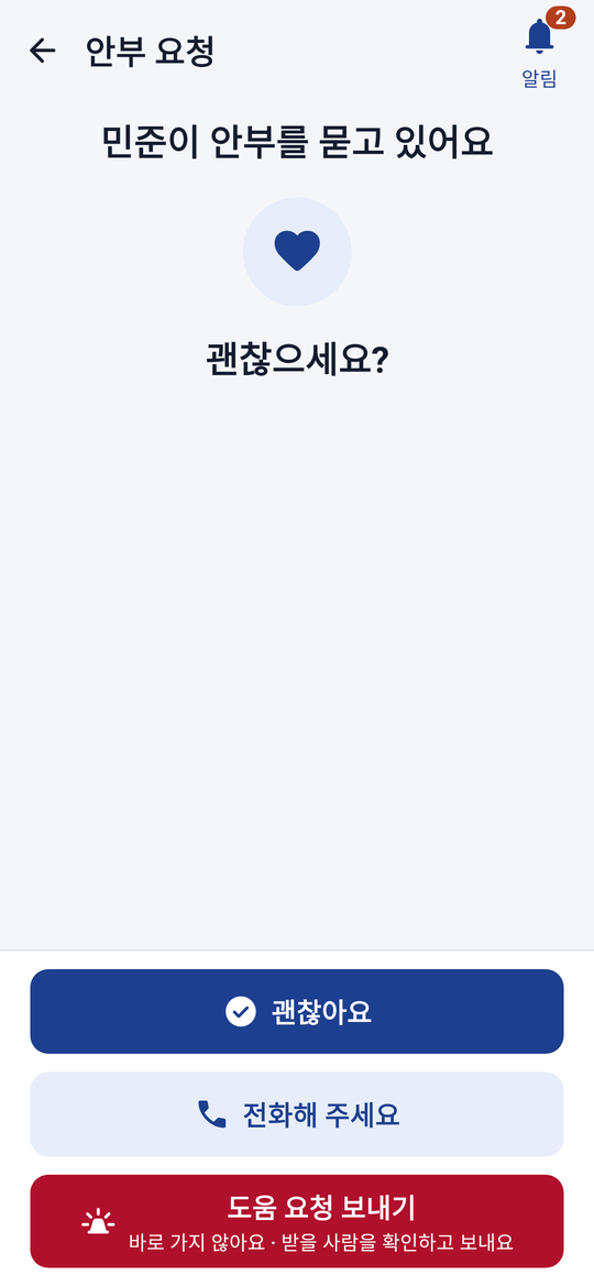 안부 요청 받은 화면 — 민준이 안부를 묻고 있어요, 괜찮아요·전화해 주세요·도움 요청 보내기