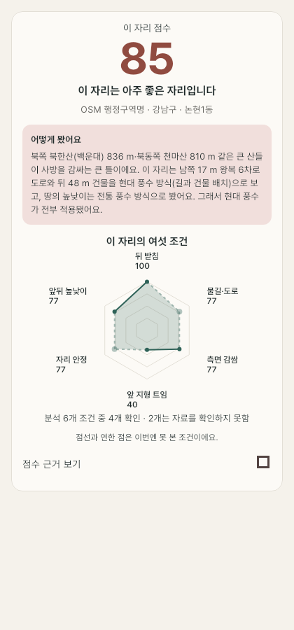 명당이유 점수와 육각형 결과 화면